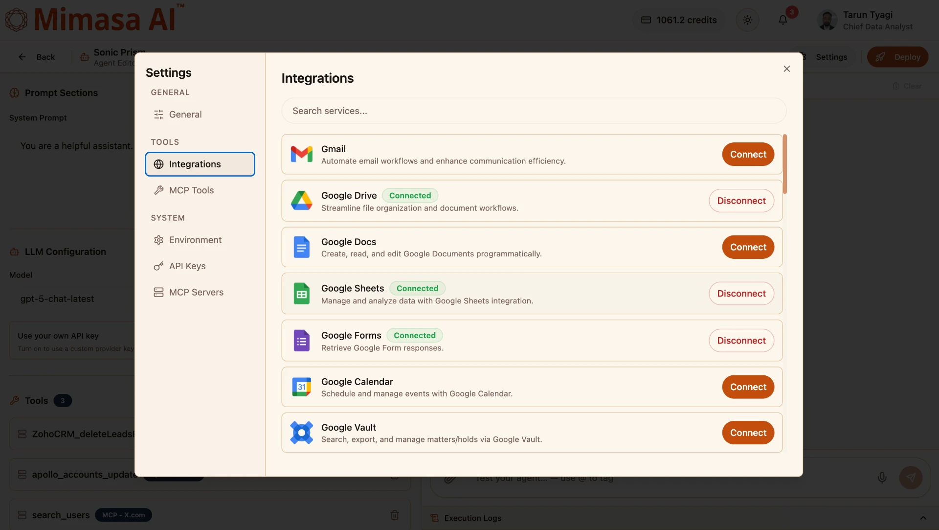 Connect integrations and MCP tools to an AI agent in the Mimasa agent builder