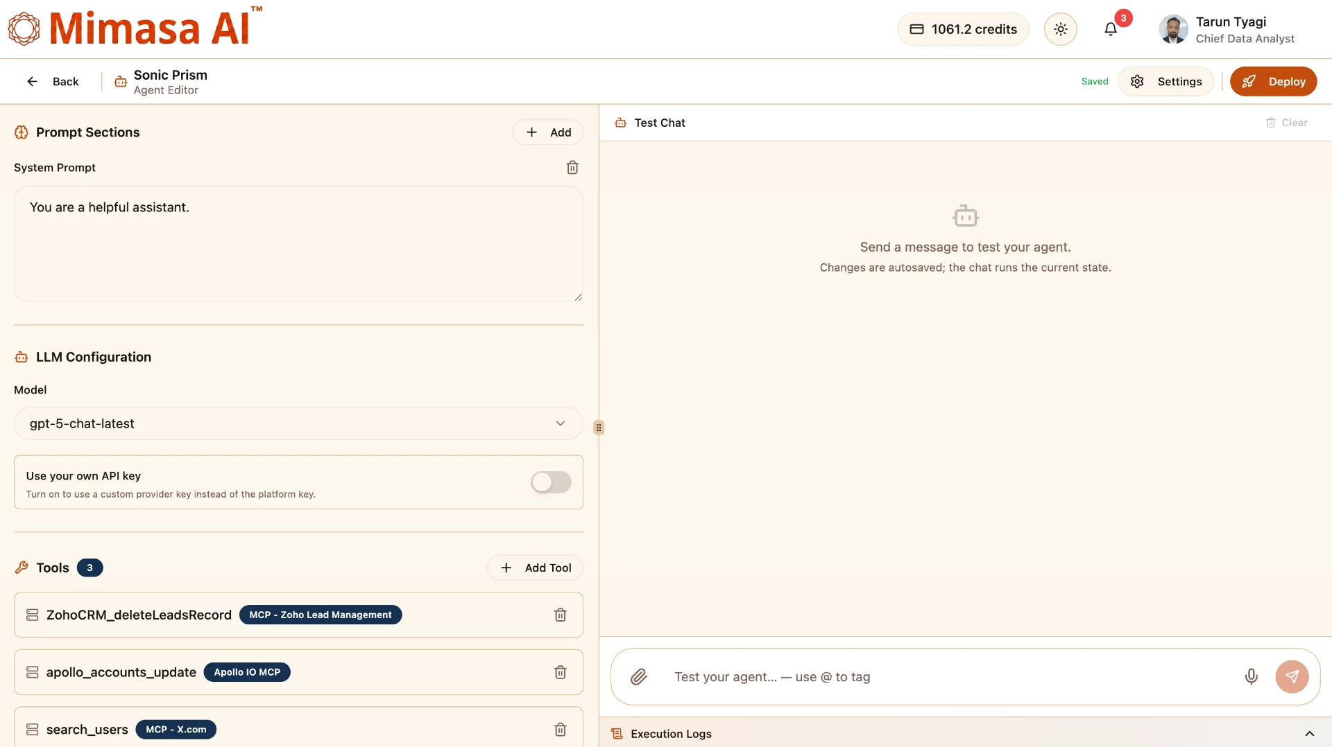 Mimasa AI agent builder with prompt configuration, LLM selection, MCP tools and agent testing