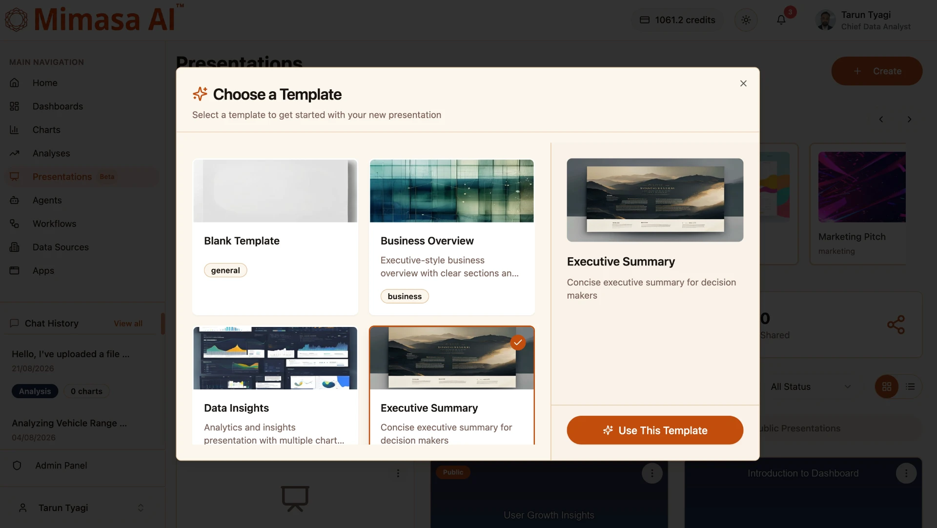 Choosing a presentation template in Mimasa AI, including executive summary and data insights layouts