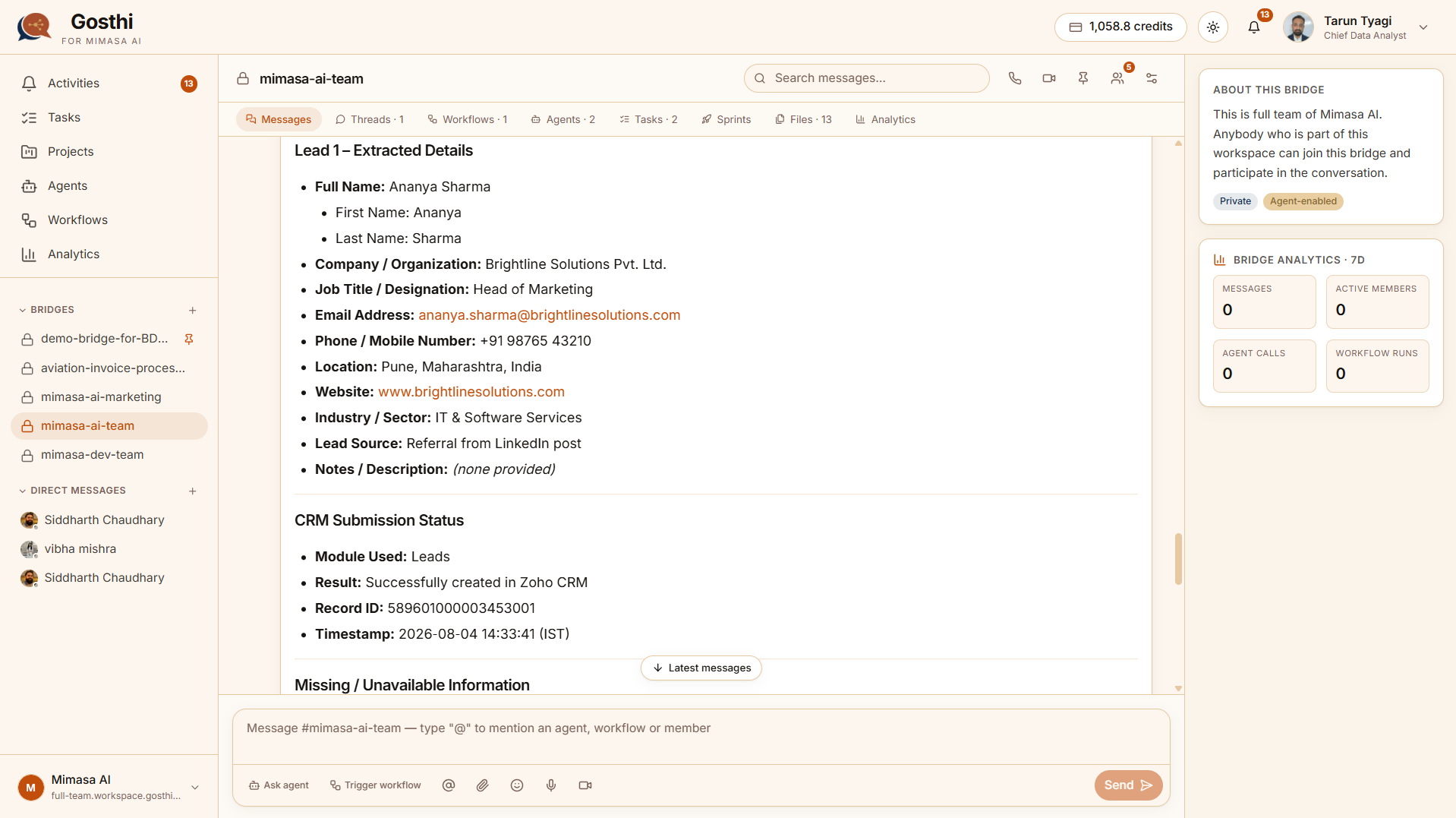 Lead capture in Gosthi showing extracted lead details and a successful Zoho CRM submission status inside the team Bridge
