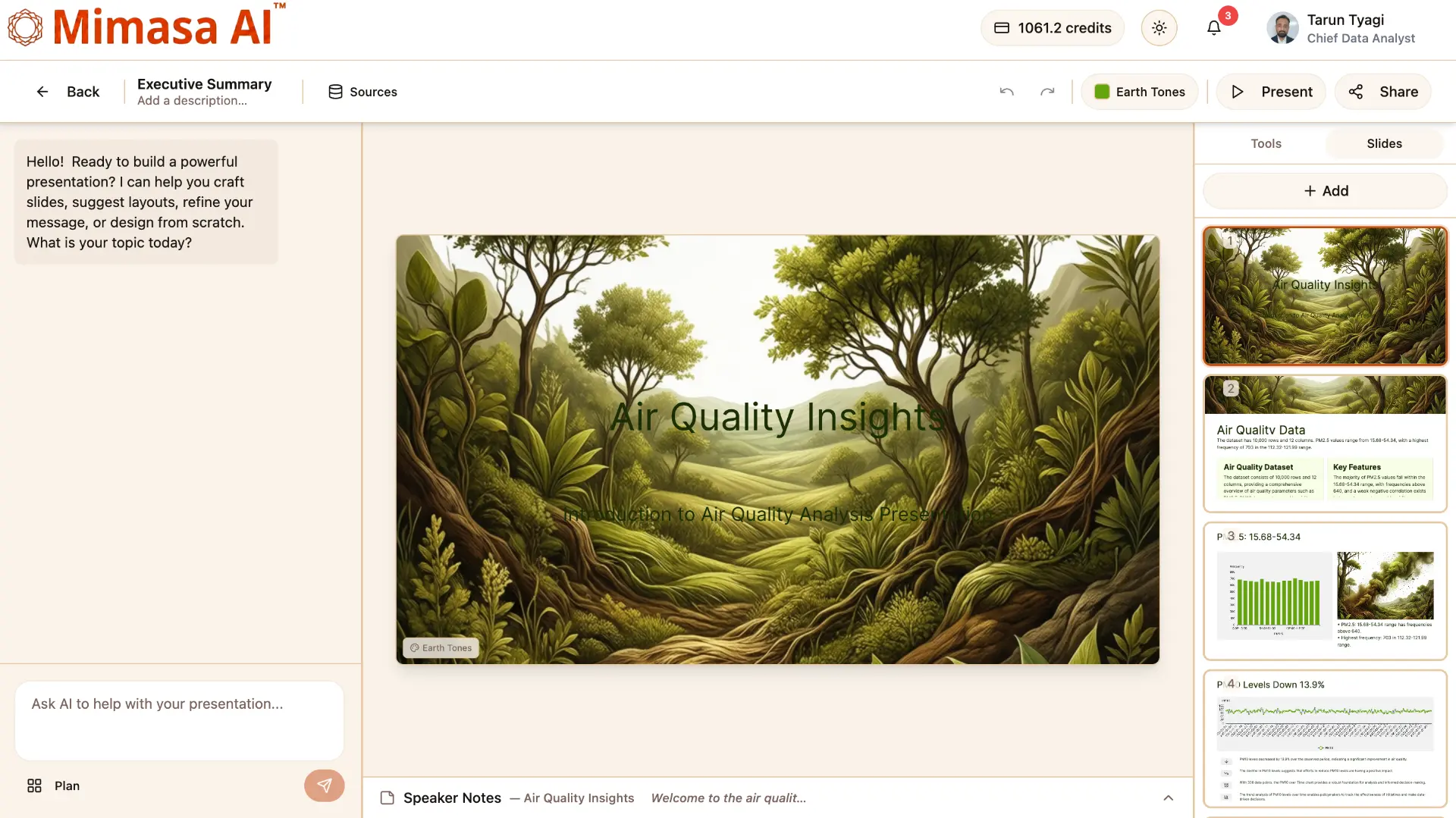 The Mimasa AI presentation editor assembling an executive summary deck with AI assistance and slide thumbnails