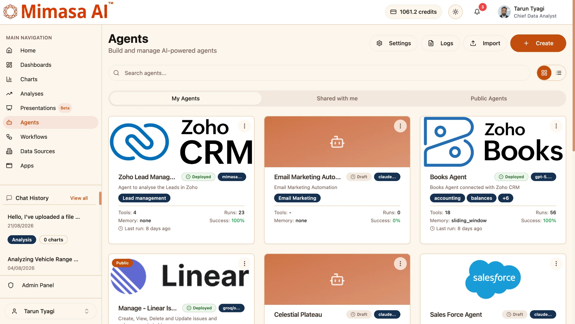 Mimasa AI agent builder dashboard listing configured enterprise AI agents and their status