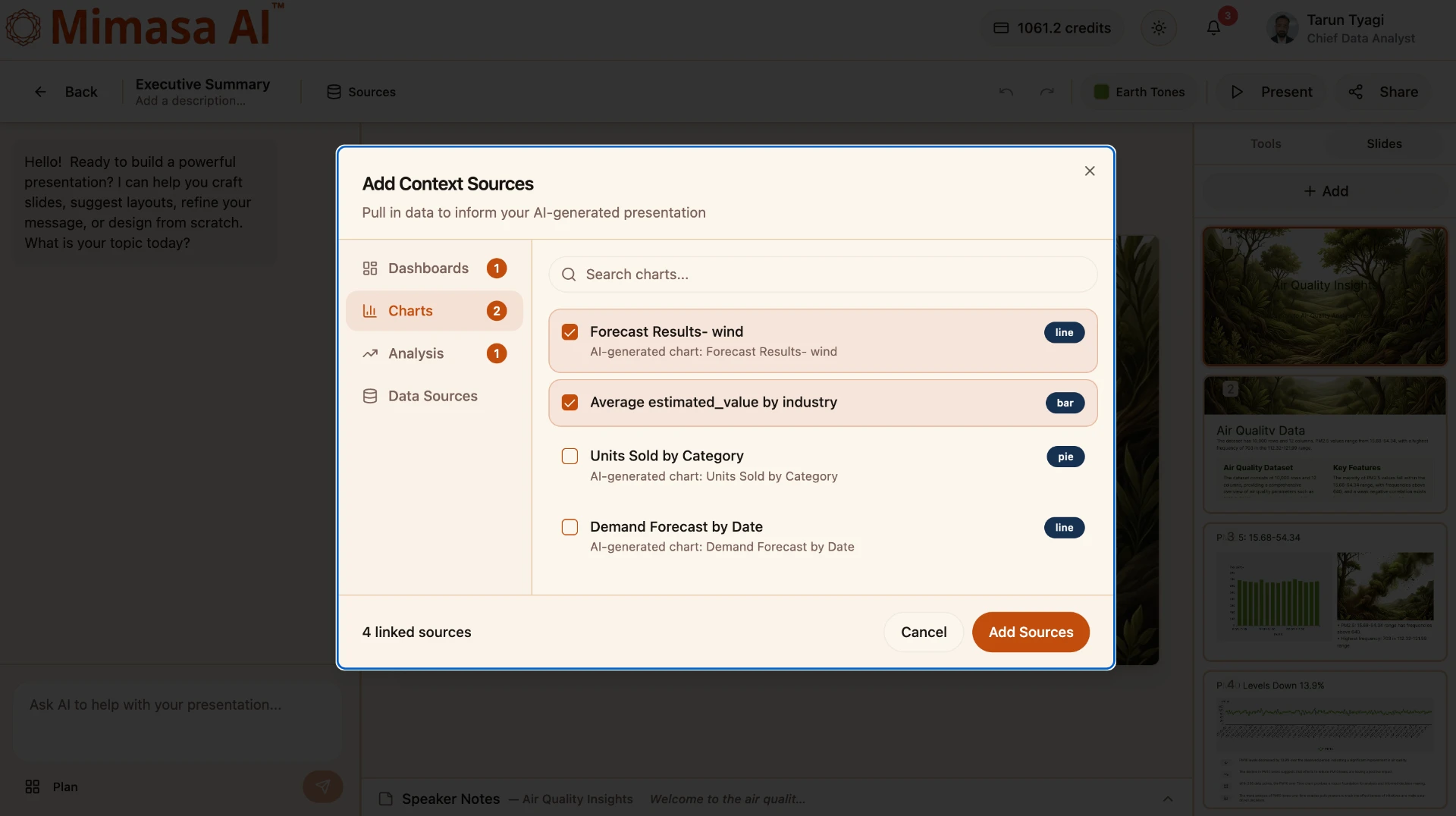 Adding governed dashboards, charts and analyses as context sources for a Mimasa AI presentation