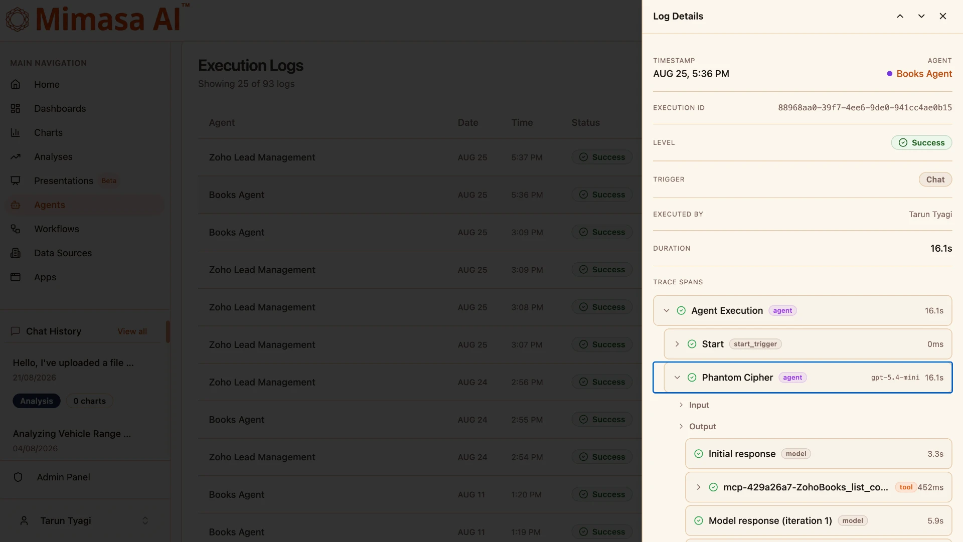 Workflow automation platform execution logs showing run status, duration, errors and AI credit usage per node