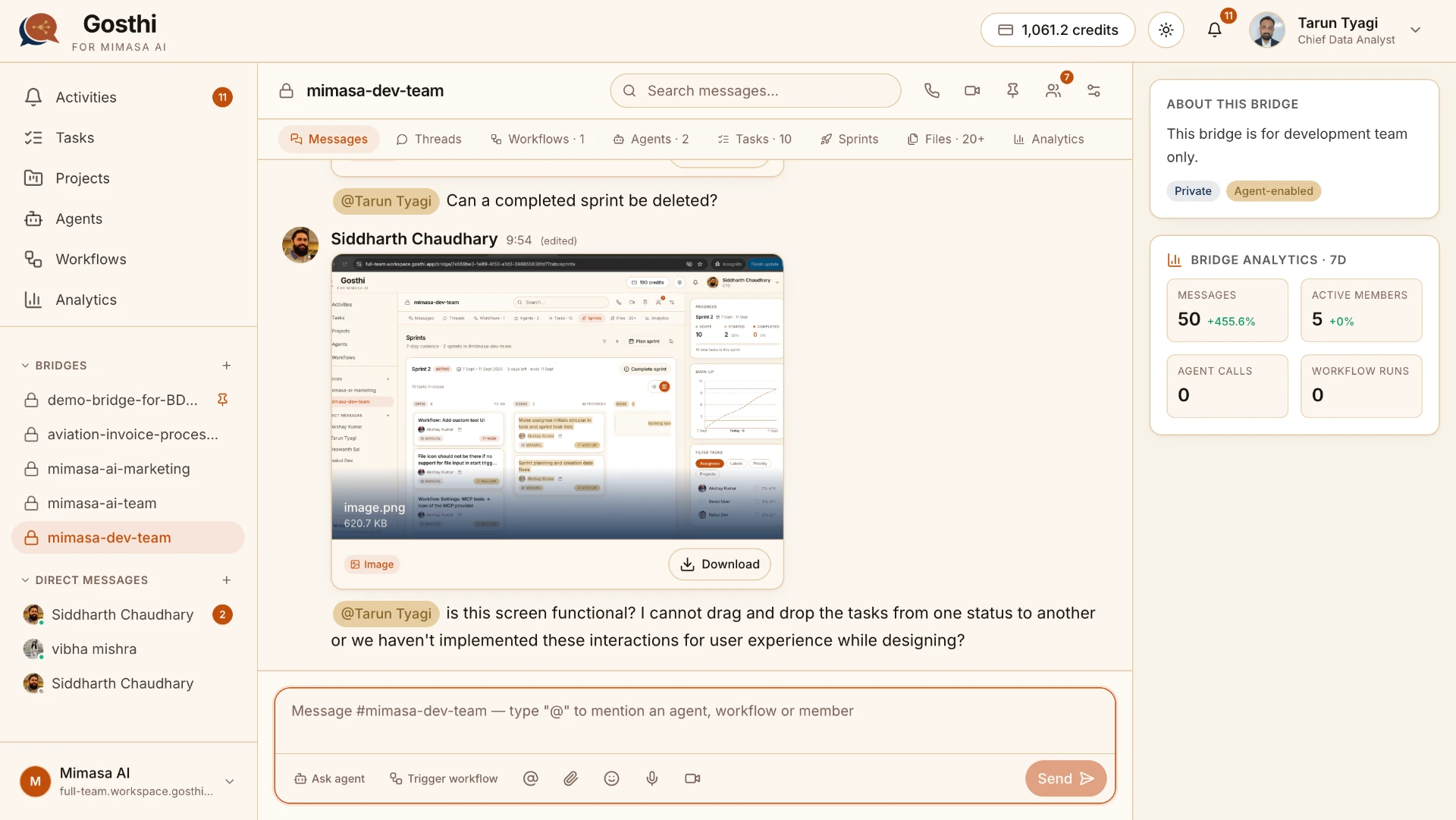 Gosthi product interface showing the mimasa-dev-team Bridge with messages, sprint tasks, files, analytics and AI agent actions