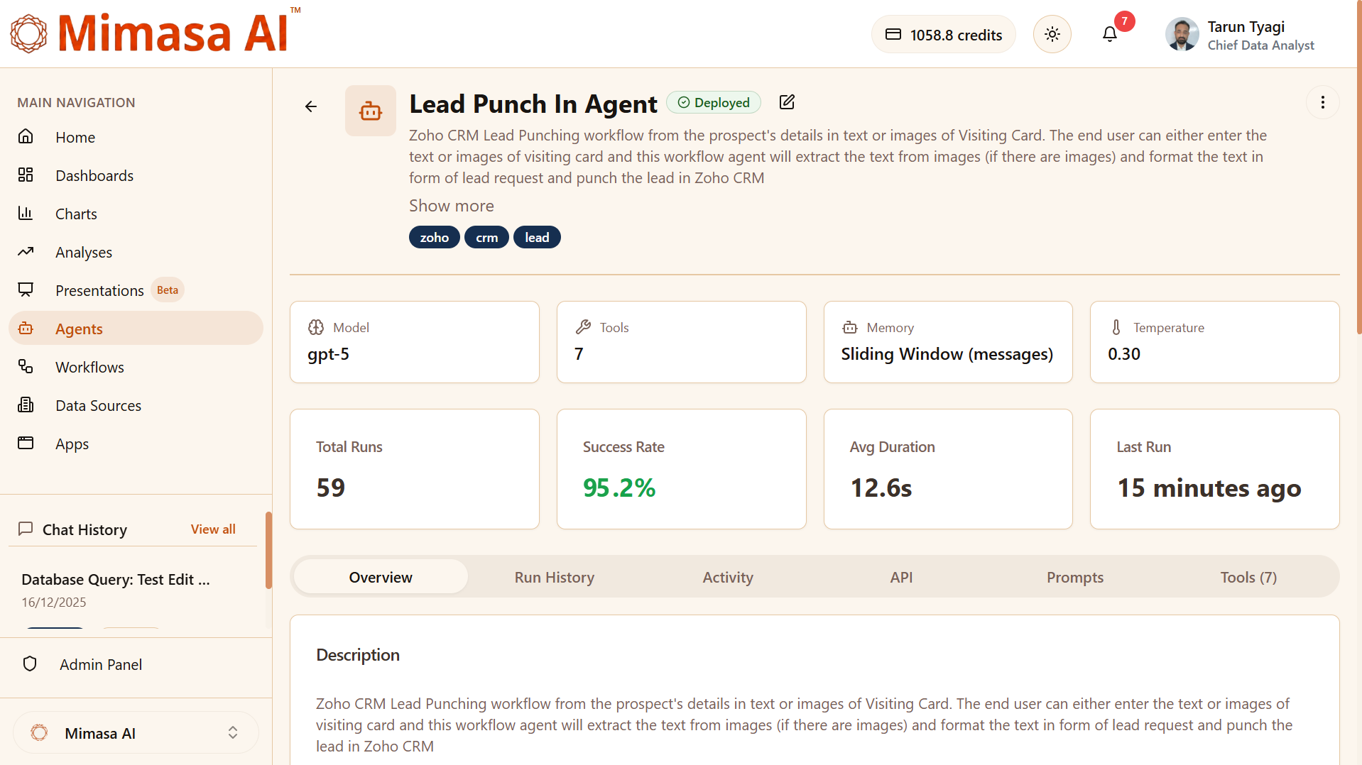 Mimasa AI Lead Punch In Agent configuration screen showing its model, tools, memory, run metrics, and overview