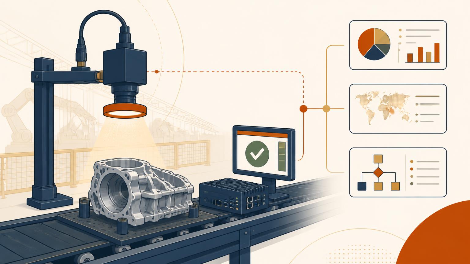 Agentic AI inspection station with an industrial camera, edge compute box and a PASS result connected to enterprise manufacturing systems