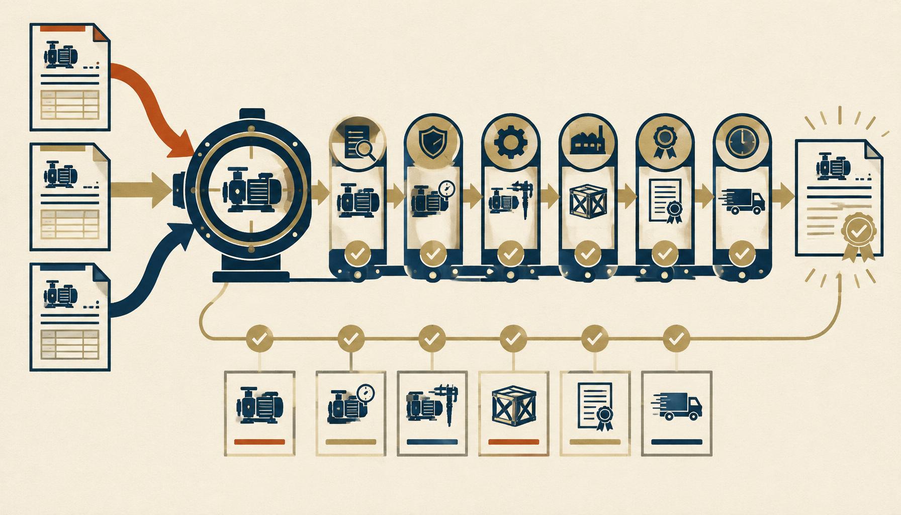 Three industrial supplier quotations pass through six evaluation checkpoints to produce an approved comparison with supporting evidence