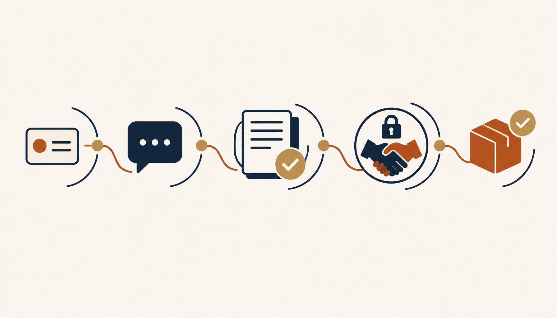 One continuous line connecting a visiting card, a chat, verified documents, locked terms and a confirmed order