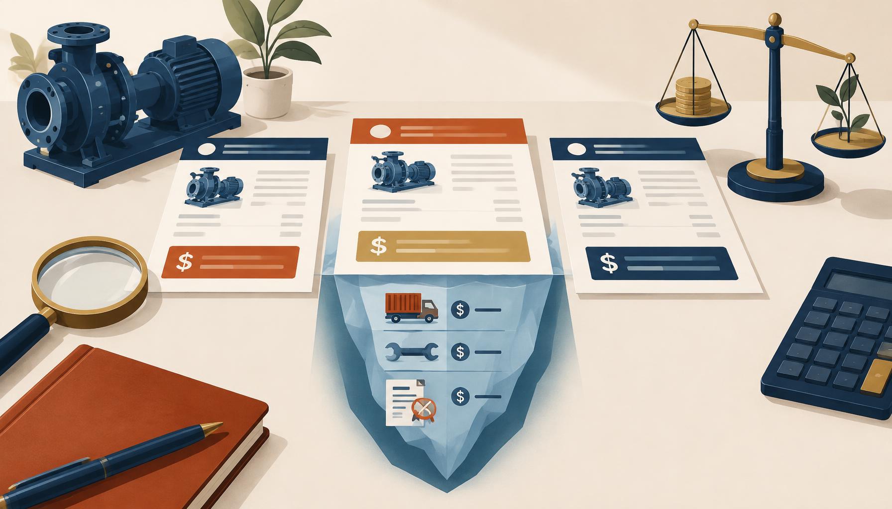 Three supplier quotations for an industrial pump, with hidden freight, service and certificate costs beneath the cheapest one and a balance scale weighing price against value