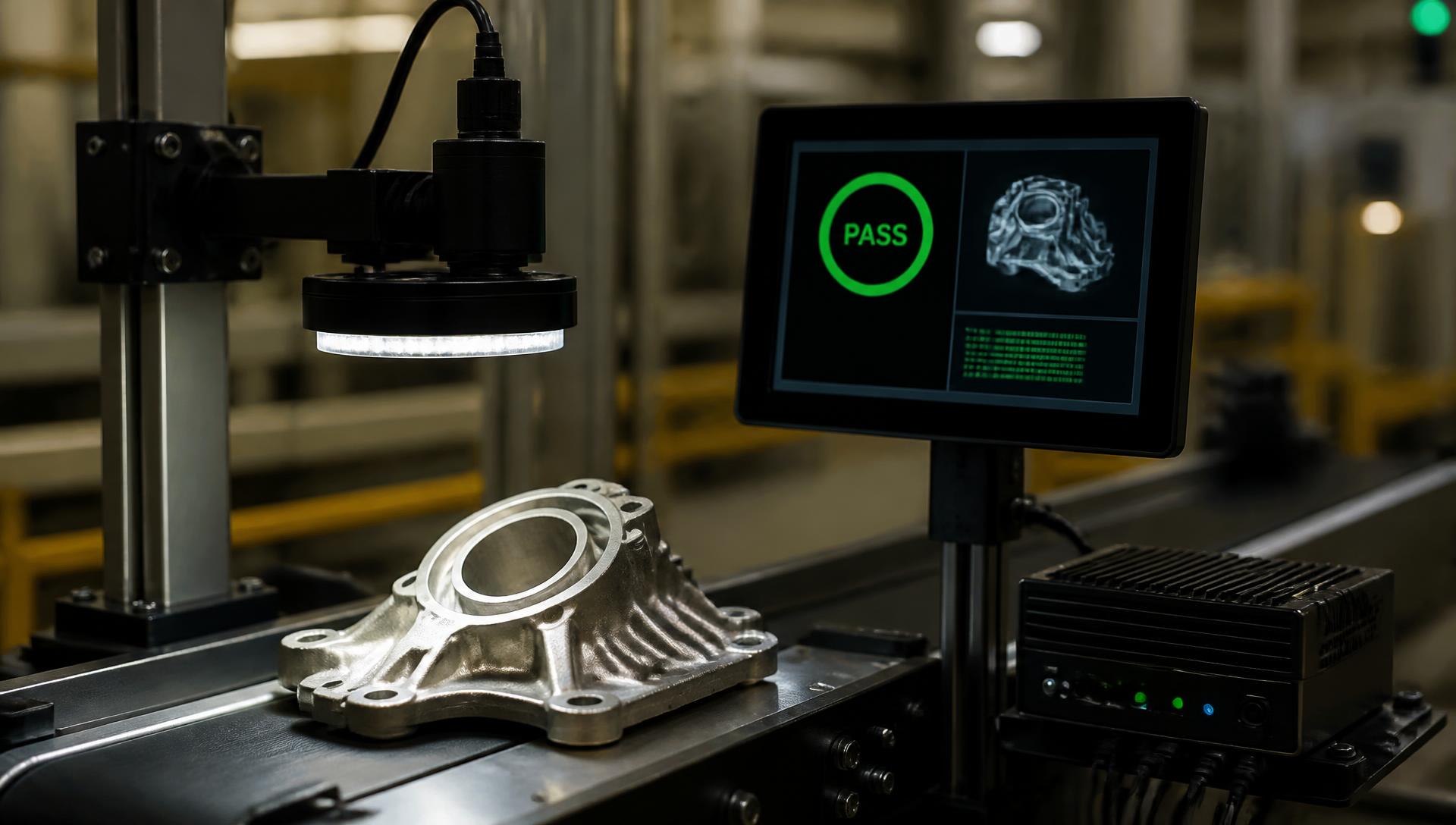 Industrial vision camera inspecting an automotive component with a PASS result on the station display