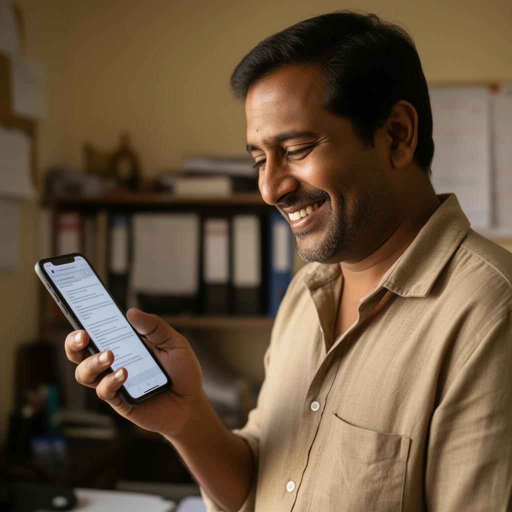 Small business owner smiling while reviewing bid eligibility report on phone