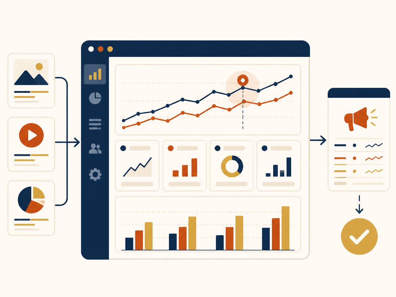 Content analytics dashboard showing cross-platform campaign performance and an approval workflow