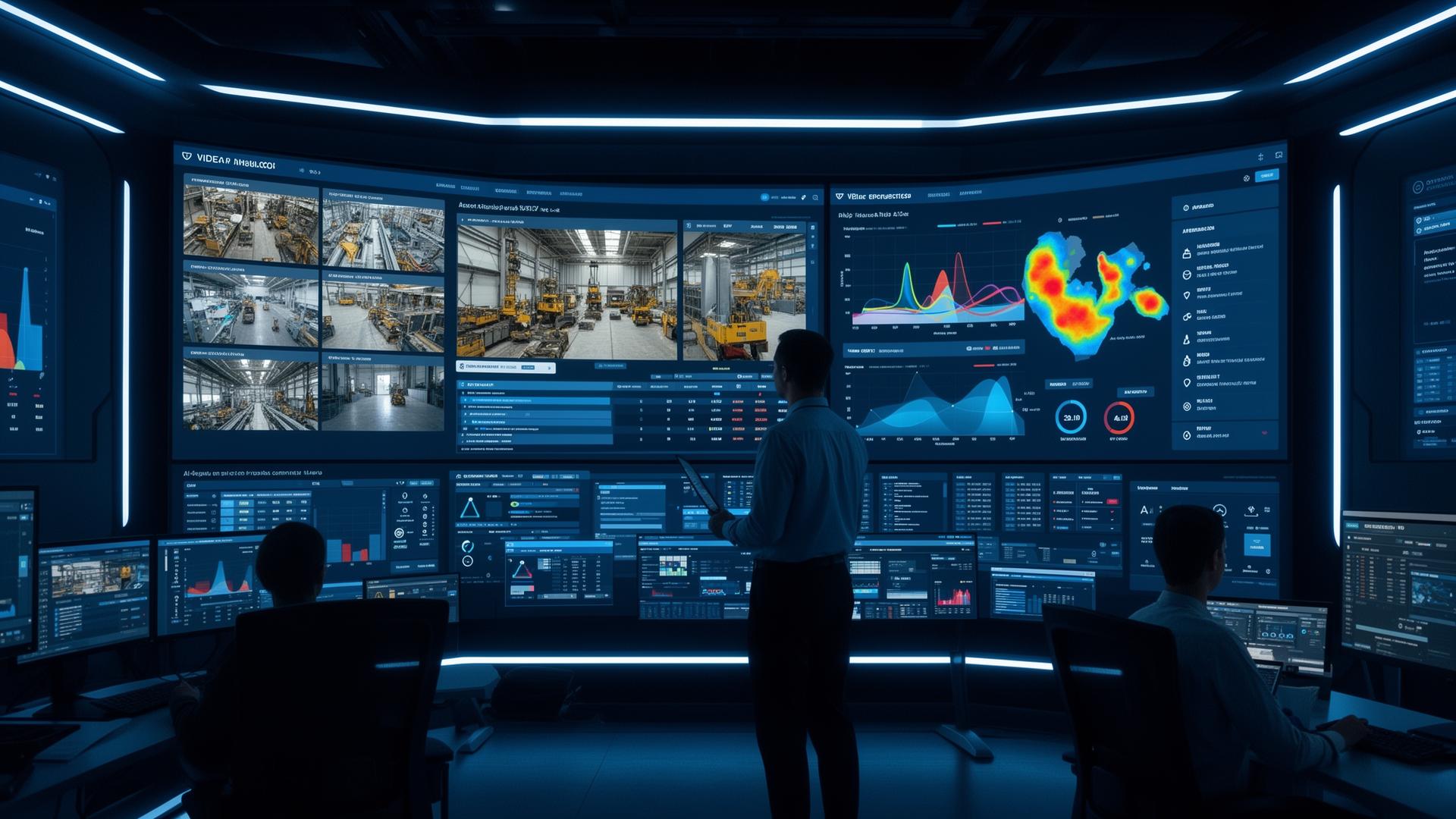 AI video analytics control room with live camera feeds, heatmaps, and dashboards