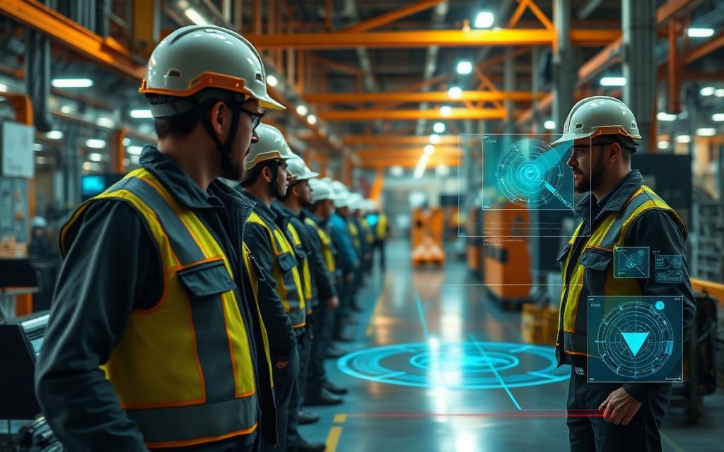 AI video analytics on a manufacturing floor detecting PPE compliance