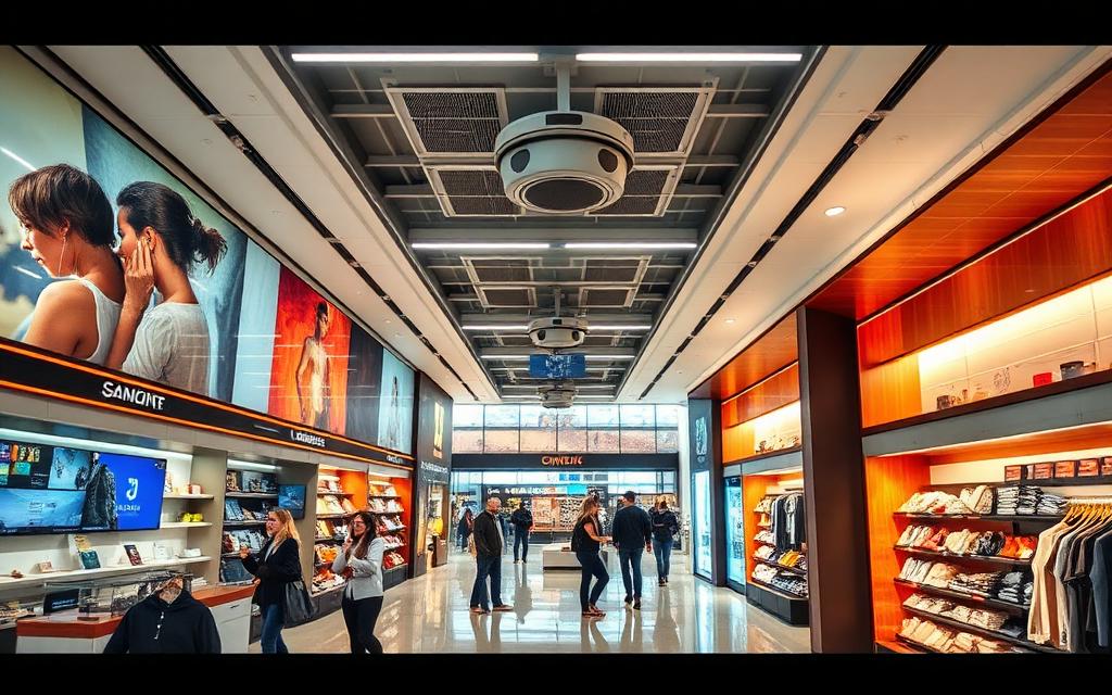 Retail store with overhead camera analytics and footfall heatmaps