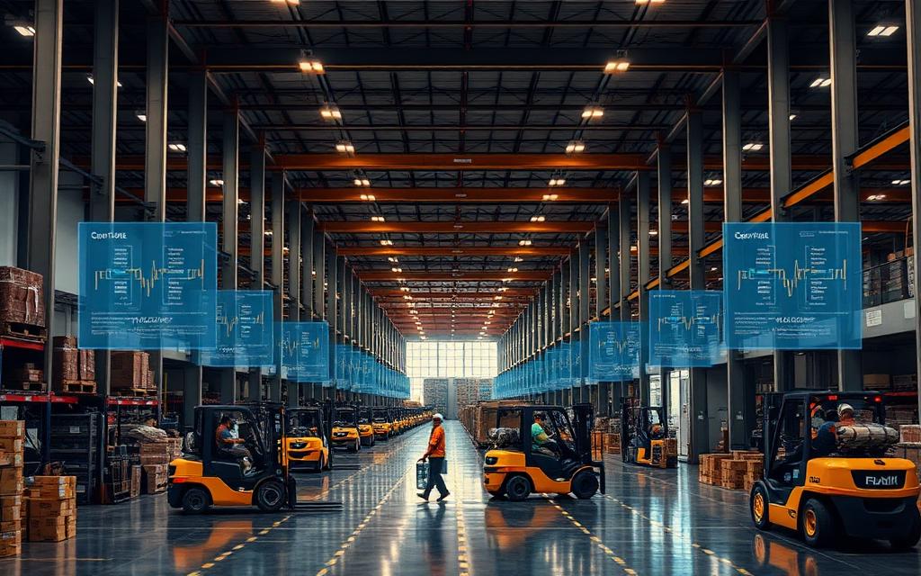 Warehouse with forklifts and AI movement tracking overlays