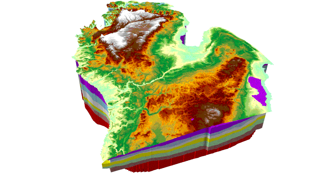 3D Geological terrain cross-section showing multiple geological layers and formations